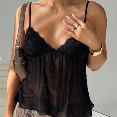 Women Y2K Spaghetti Strap Camisole Crop Top Mesh See through Slim Fit Tank Top Going Out Shirt Vest Tops Streetwear