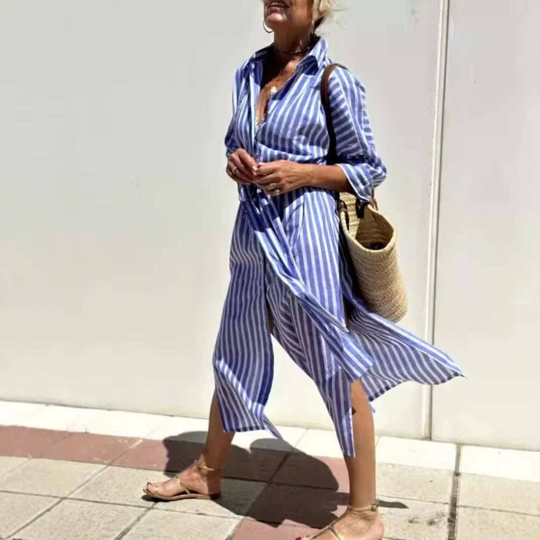 2024 New Women'S Fashion Striped Cardigan Lapel Shirt Dress Five-Sleeve Barber Clothing European American Foreign Trade