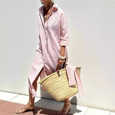 2024 New Women'S Fashion Striped Cardigan Lapel Shirt Dress Five-Sleeve Barber Clothing European American Foreign Trade