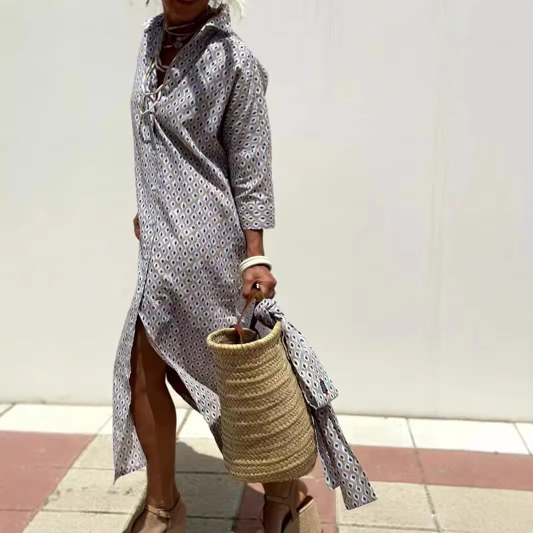 2024 New Women'S Fashion Striped Cardigan Lapel Shirt Dress Five-Sleeve Barber Clothing European American Foreign Trade