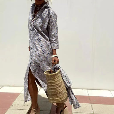 2024 New Women'S Fashion Striped Cardigan Lapel Shirt Dress Five-Sleeve Barber Clothing European American Foreign Trade