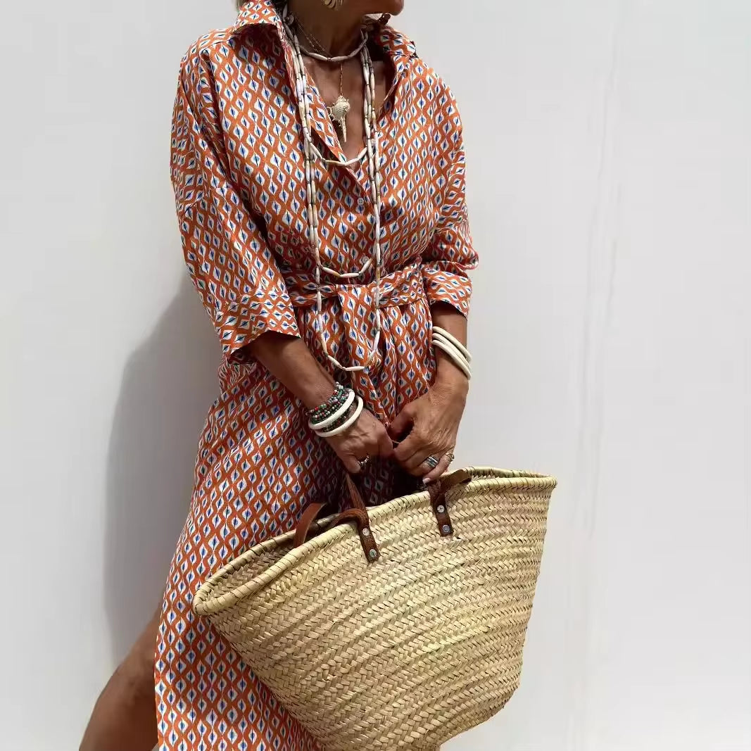 2024 New Women'S Fashion Striped Cardigan Lapel Shirt Dress Five-Sleeve Barber Clothing European American Foreign Trade