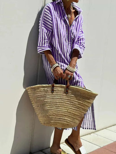2024 New Women'S Fashion Striped Cardigan Lapel Shirt Dress Five-Sleeve Barber Clothing European American Foreign Trade
