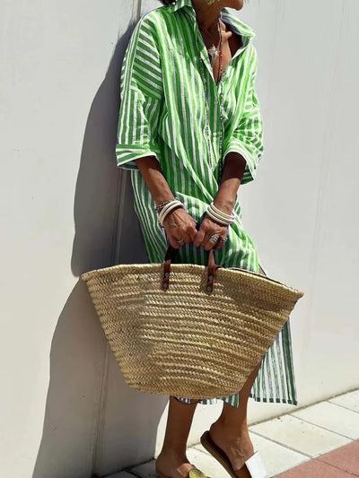 2024 New Women'S Fashion Striped Cardigan Lapel Shirt Dress Five-Sleeve Barber Clothing European American Foreign Trade