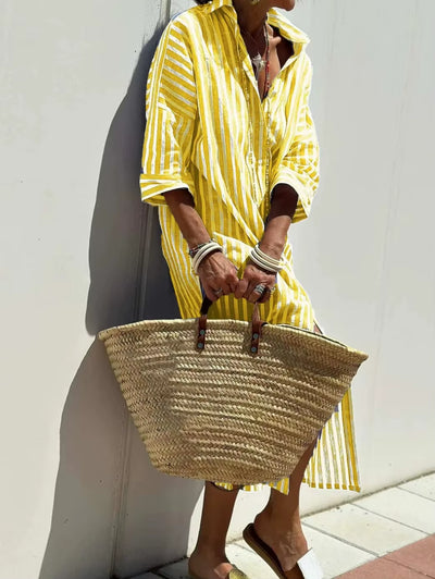 2024 New Women'S Fashion Striped Cardigan Lapel Shirt Dress Five-Sleeve Barber Clothing European American Foreign Trade